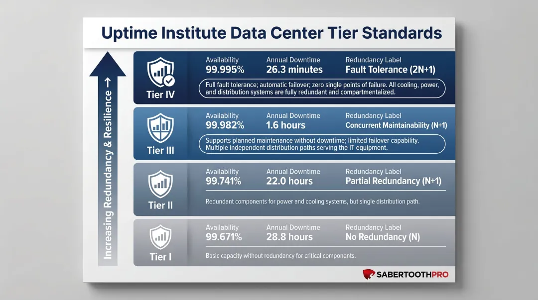 Uptime Institute data center tier classification availability and downtime comparison infographic