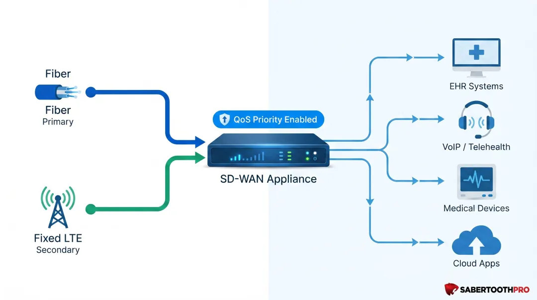Healthcare internet failover SD-WAN architecture with fiber and LTE diversity layers