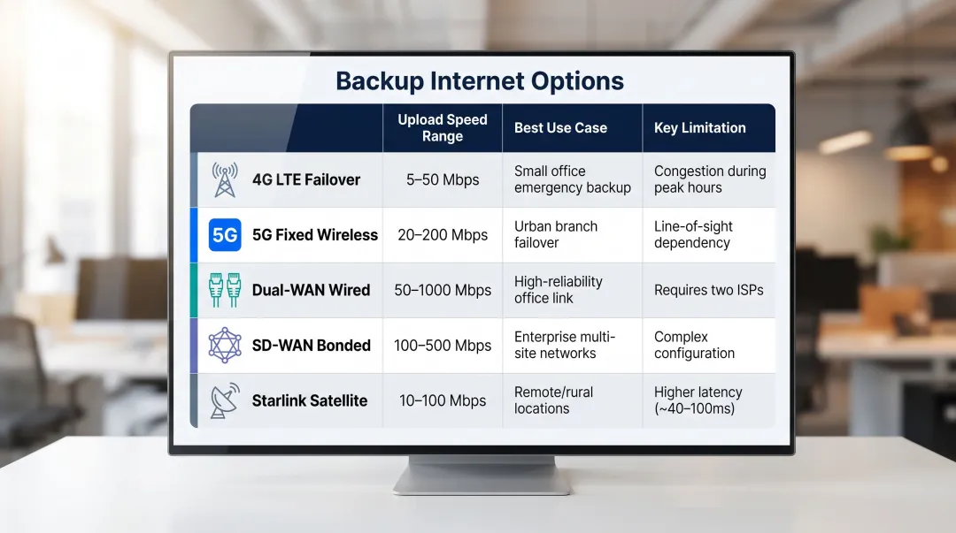 Five backup internet options for IP camera sites comparison chart infographic