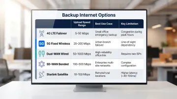 Five backup internet options for IP camera sites comparison chart infographic
