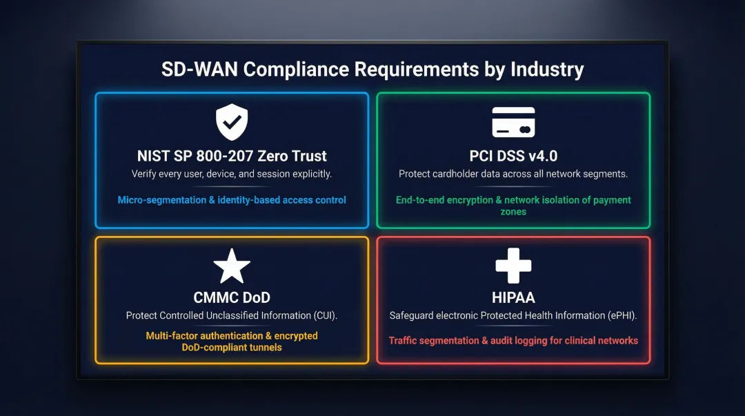 Four regulatory compliance frameworks requiring explicit SD-WAN security configuration after MPLS migration