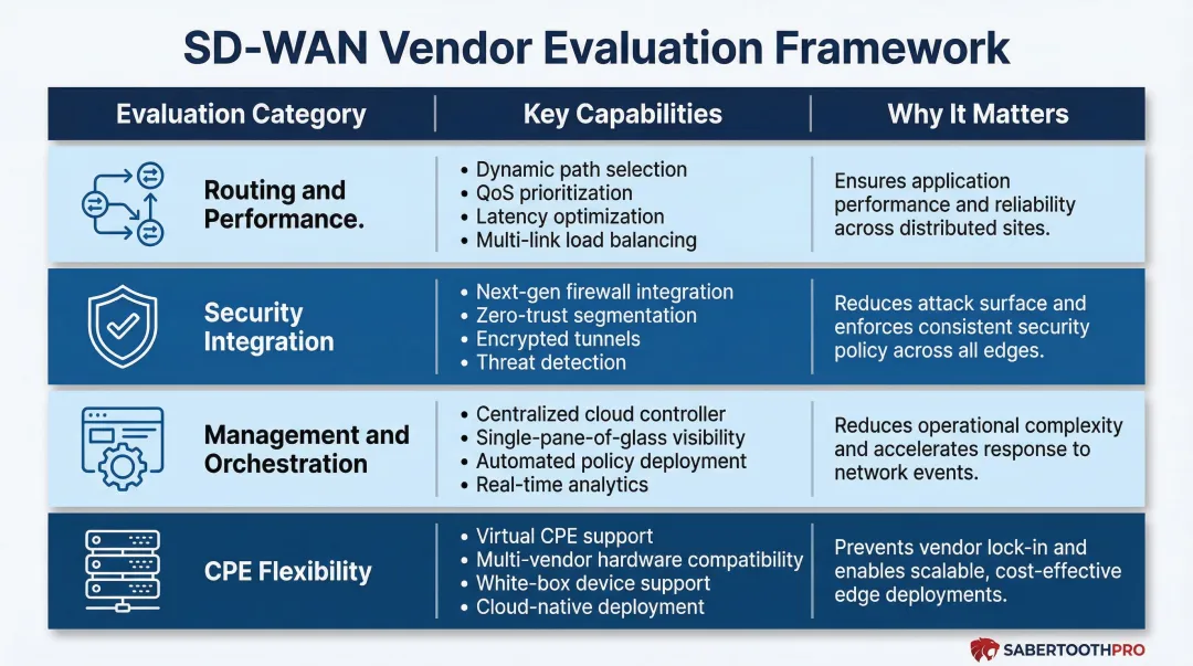 SD-WAN vendor evaluation framework comparing routing security management and CPE flexibility
