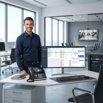 Modern enterprise office with cloud-based phone system infrastructure and unified communications