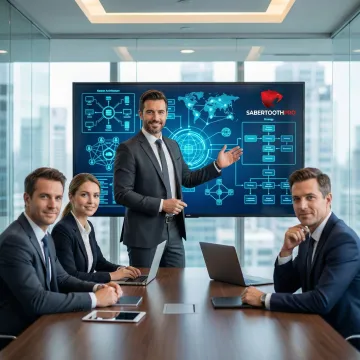 Business technology consultant presenting digital transformation roadmap to executive team in boardroom