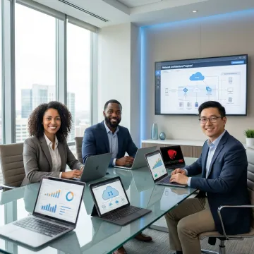 Business team analyzing cloud infrastructure diagrams and procurement contracts