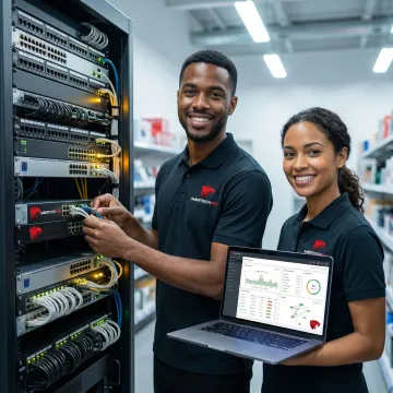 IT technicians installing SD-WAN networking equipment in retail store back office environment