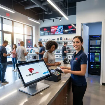 Modern retail store with digital payment terminals and connected networking infrastructure powered by SD-WAN technology