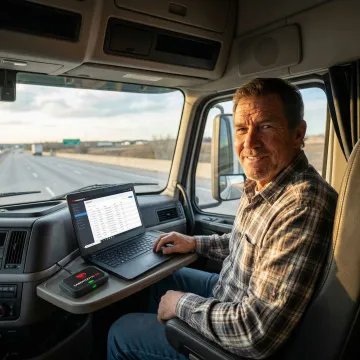 Professional truck driver using mobile internet connection in modern semi-truck cab