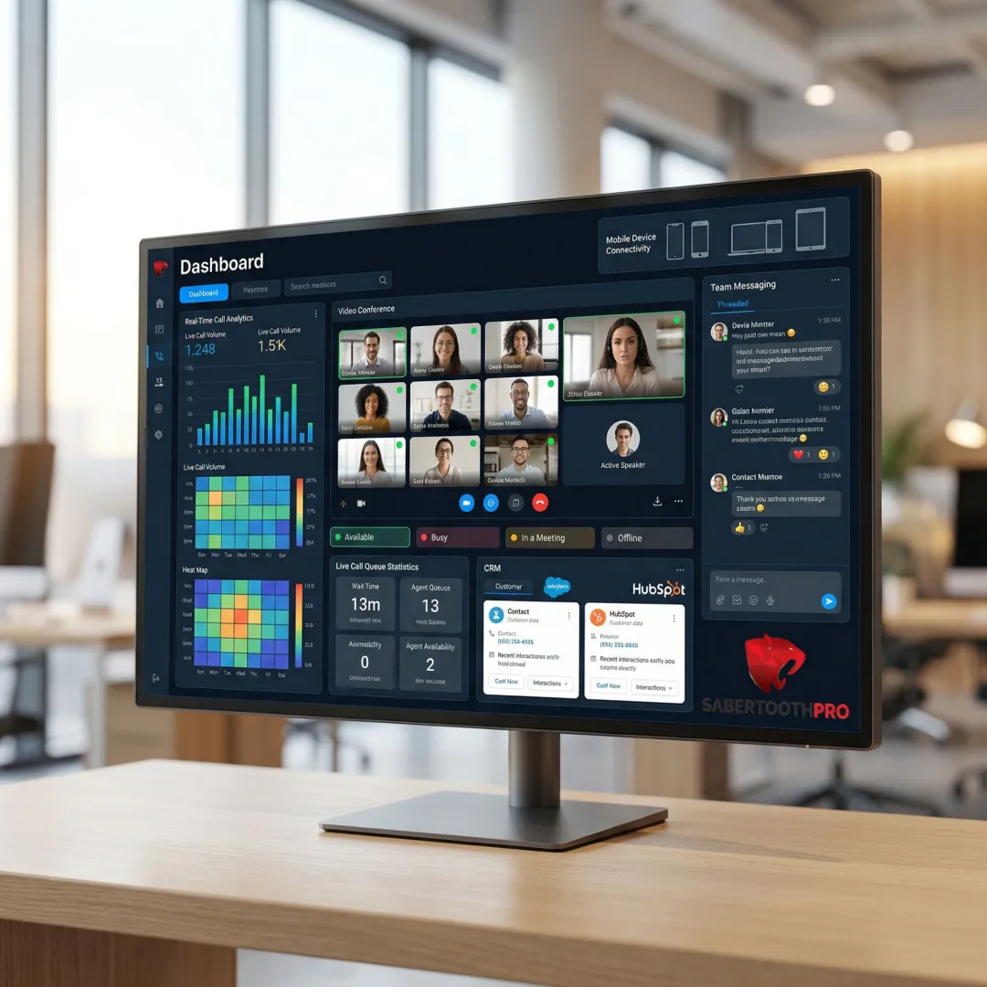 Unified communications dashboard showing VoIP call analytics and team collaboration metrics