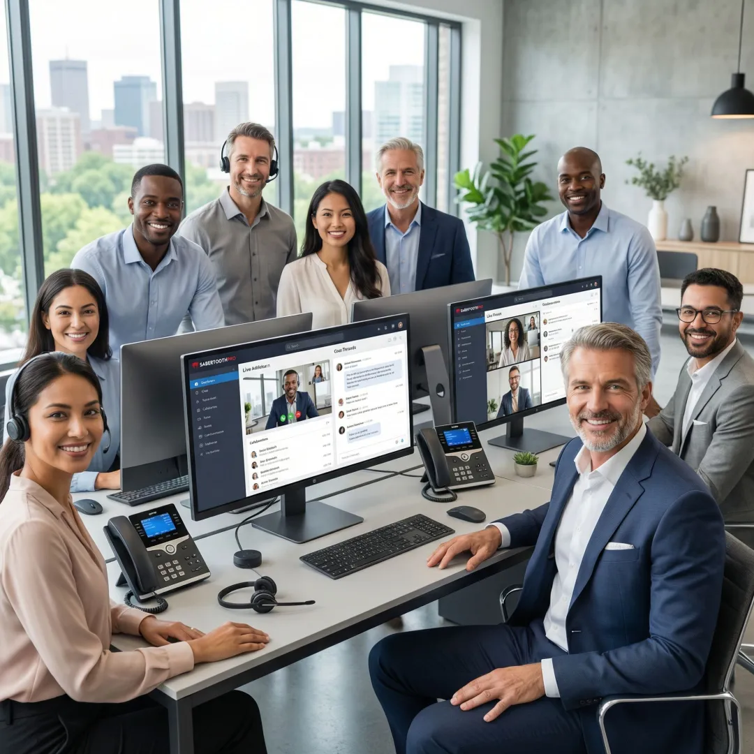 Modern office environment in Massachusetts with professionals using VoIP phone systems and unified communications technology