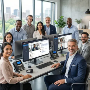 Modern office environment in Massachusetts with professionals using VoIP phone systems and unified communications technology