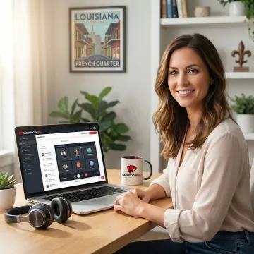 Modern cloud phone system interface on laptop with headset for Louisiana small business communication