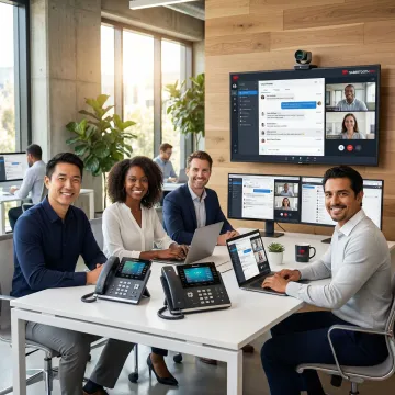 Modern California office team using cloud VoIP phone system for business communication