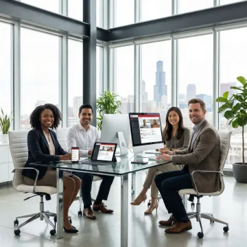 Modern Illinois office with professionals using cloud-based unified communications on multiple devices