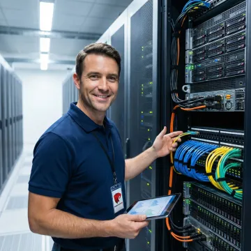 IT professional reviewing data center colocation infrastructure and server rack configuration