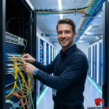 Data center technician configuring network equipment and fiber optic cross-connects