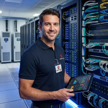 Data center technician monitoring server infrastructure and network equipment