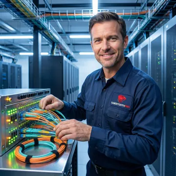 Network engineer configuring fiber cross-connects in a carrier-neutral facility