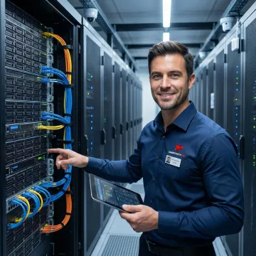 Data center technician reviewing server infrastructure in a secure colocation facility
