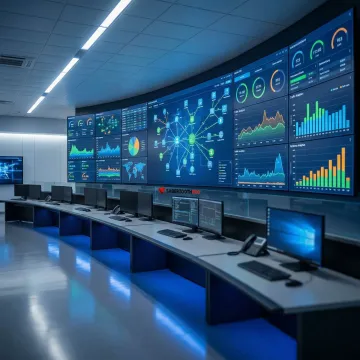 Network operations center showing real-time monitoring dashboards and connectivity performance metrics