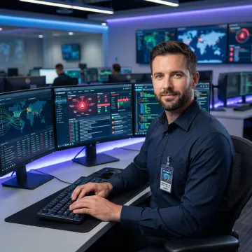 Cybersecurity analyst reviewing threat intelligence dashboards in a modern SOC facility
