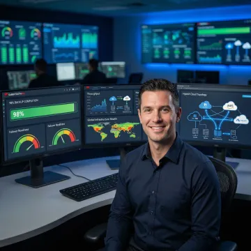 IT professional monitoring disaster recovery dashboard with real-time system health metrics