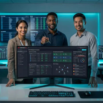 IT team reviewing unified SASE security dashboard with cloud application access and zero-trust policies