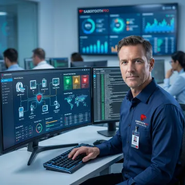 Healthcare IT professional monitoring medical IoT security dashboard