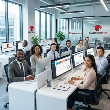 Modern insurance contact center with agents using headsets and multiple computer screens