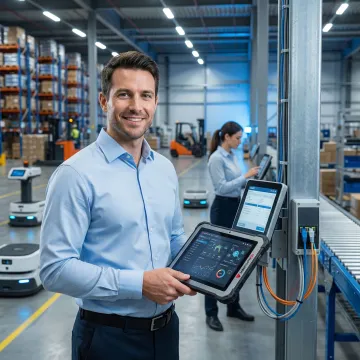 Logistics IT consultant conducting network assessment in warehouse facility