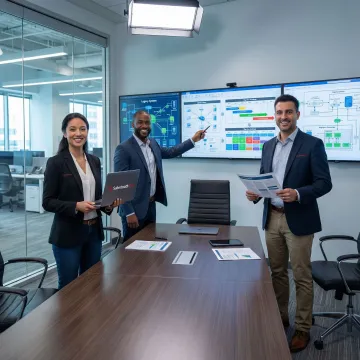 Enterprise IT consultants analyzing legacy system architecture on multiple monitors