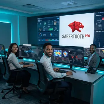 Enterprise network security operations center with multiple monitoring screens displaying threat analytics
