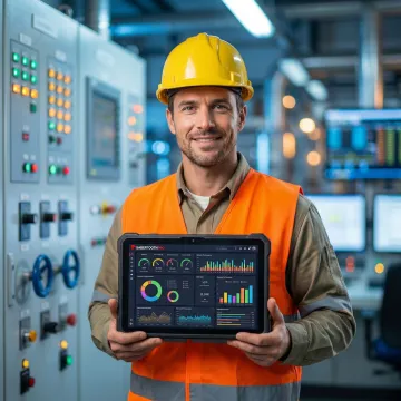 Engineer monitoring SD-WAN network performance at oil refinery facility