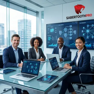 Enterprise technology advisory team reviewing IT infrastructure strategy with business executives in modern office boardroom