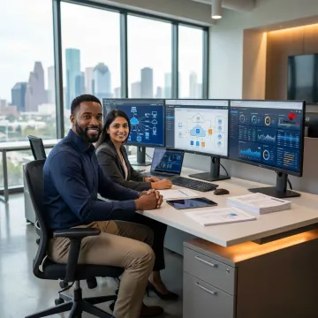 Enterprise IT consulting team analyzing network infrastructure in modern Houston office setting