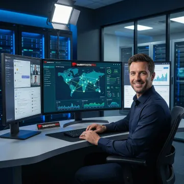 Modern enterprise network operations center with SD-WAN unified communications dashboard