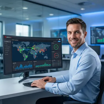 Business professional monitoring network connectivity dashboard showing active SD-WAN links