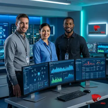 IT professionals reviewing network infrastructure diagrams and performance dashboards