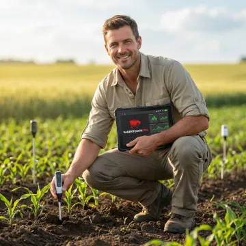 Agricultural technician installing IoT sensors in crop field with tablet device