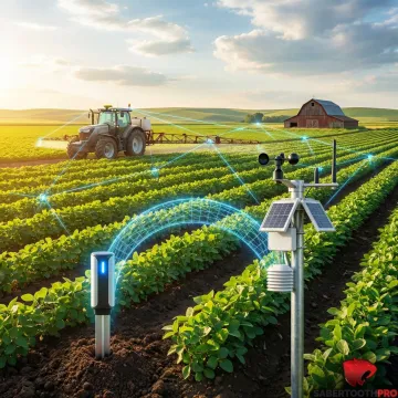 Smart agriculture IoT sensors deployed across farmland monitoring crop health and soil conditions