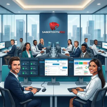 Modern insurance contact center with agents using AI-powered CCaaS platforms and compliance dashboards