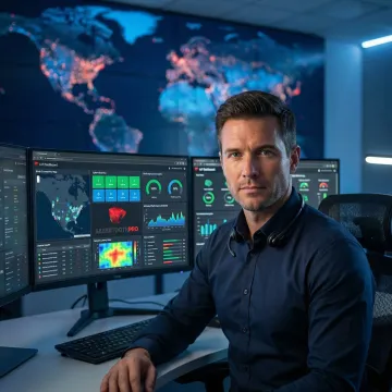 IT professional reviewing real-time kiosk network monitoring dashboard with connectivity metrics