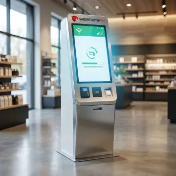 Modern self-service kiosk with touchscreen interface in retail environment showing active IoT connectivity