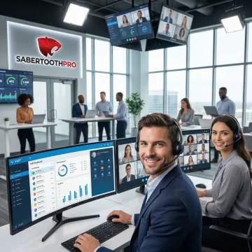 Modern office team collaborating on cloud-based VoIP phone system with unified communications dashboard