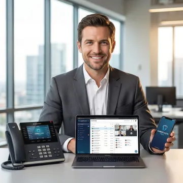 Business professional using integrated VoIP communication tools on multiple devices