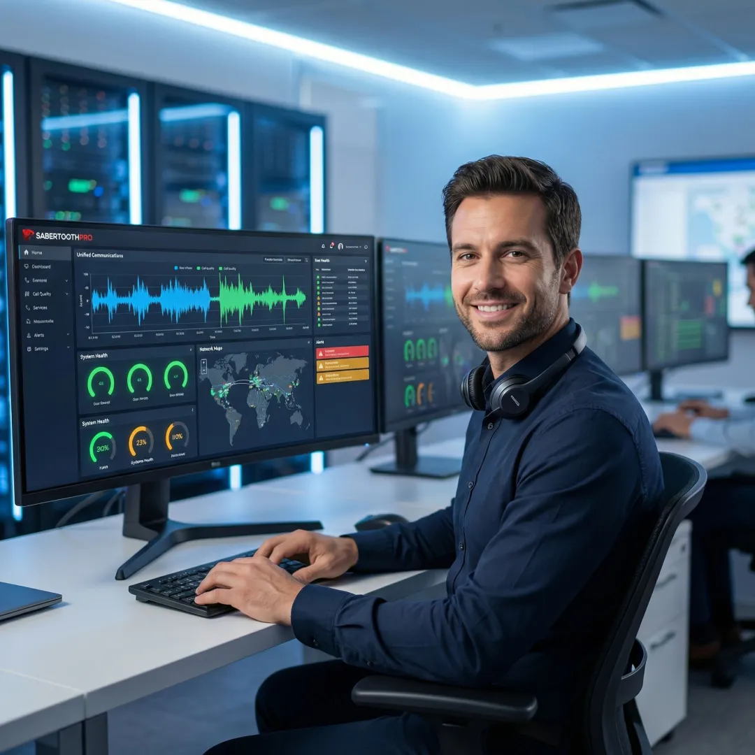 IT administrator reviewing unified communications performance metrics on multiple monitoring dashboards