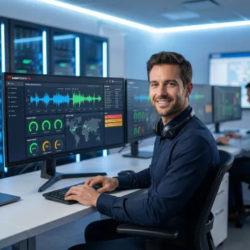 IT administrator reviewing unified communications performance metrics on multiple monitoring dashboards