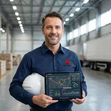 Logistics professional reviewing trailer tracking data on tablet in warehouse