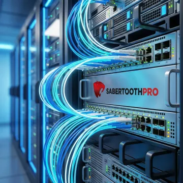 Modern fiber optic network infrastructure with illuminated fiber cables in professional data center environment