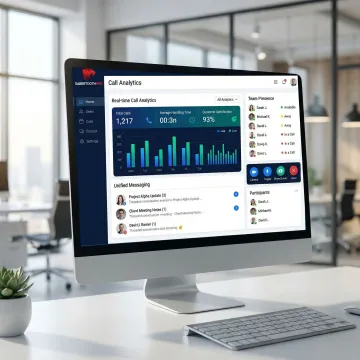 Cloud phone system dashboard showing unified communications analytics and call routing